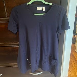 LOGO top with shark bite hem and button detail. Size XS